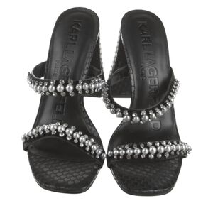 Karl Lagerfeld Leather Black Crystal Embellishments Pearl Accent Sandals